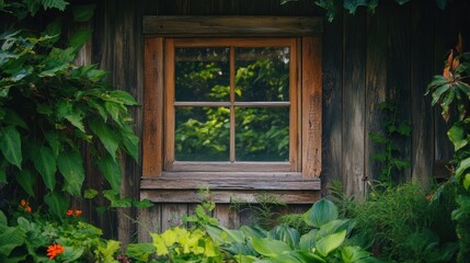 A rustic cabin with a handcrafted wooden window frame, surrounded by lush greenery.