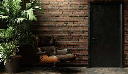 Leather chair, brick wall, plant, doorway, interior design (1)