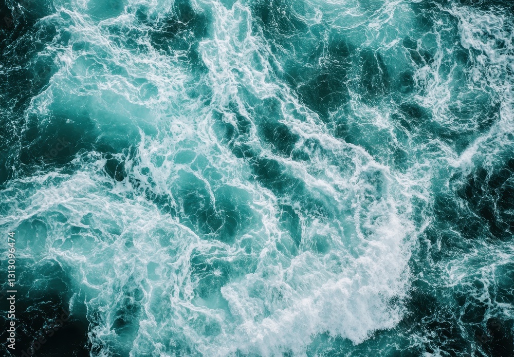Poster turquoise ocean waves with white foam creating dynamic patterns on the surface during a bright sunny