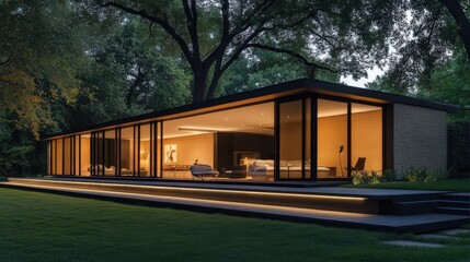 A sleek contemporary house with a minimalist faade, large glass windows, and warm exterior lighting.
