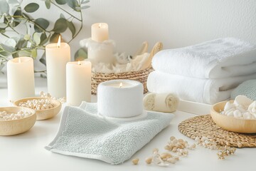 Conjunto de itens de spa com toalhas, velas e elementos decorativos em tons neutros, capturados com luz natural suave, criado com IA generativa.