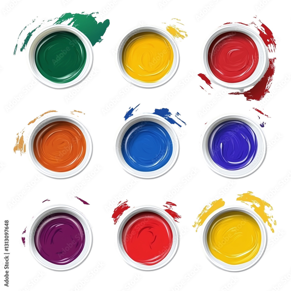 Poster paint set with assorted colors isolated on transparent background
