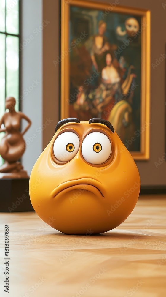 Poster a sad emoji expression sits in an art gallery for viewing