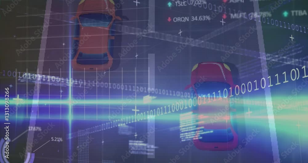 Poster binary code and data processing animation over cars in parking lot