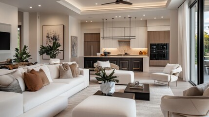 A stylish open-concept living room in a modern home, featuring neutral tones and elegant furniture.