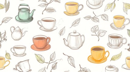 Variety of Tea Cups and Leaves Displayed in a Charming Pattern on a Light Background