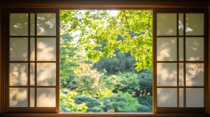 A traditional Japanese shoji window frame, diffusing soft light into a serene tatami room.
