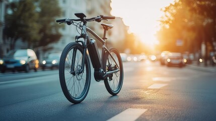Obraz premium An electric bike on a road at sunset, with the warm light casting a golden glow on the surroundings. The image conveys a sense of freedom and adventure, showcasing the electric bike as an efficient an