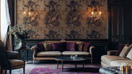 Luxurious antique living room with floral wallpaper, soft lighting, and vintage furniture. Interior design