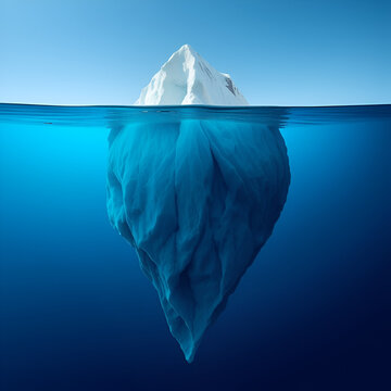 An iceberg visible above and below water on a clear blue background, illustrating the concept of hidden depth.