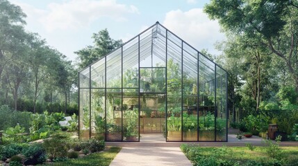 Obraz premium A transparent glass greenhouse-style home with plants inside, creating a unique biophilic living space.