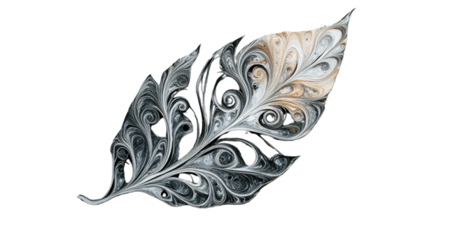 Decorative paper marbling art forming a leaf with transparent background