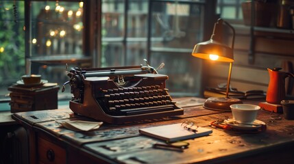 Fototapeta premium Vintage typewriter on a rustic wooden desk with warm lighting, surrounded by cozy decor and greenery outside