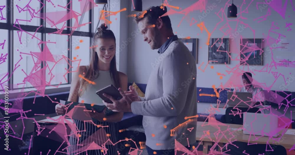 Poster discussing tablet content, diverse group with digital network animation overlay