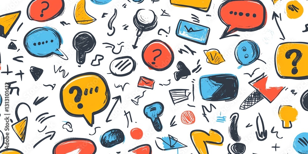 Poster Colorful Doodled Speech Bubbles and Symbols Create a Lively Pattern in a Whimsical Design Suitable for Communication Themes
