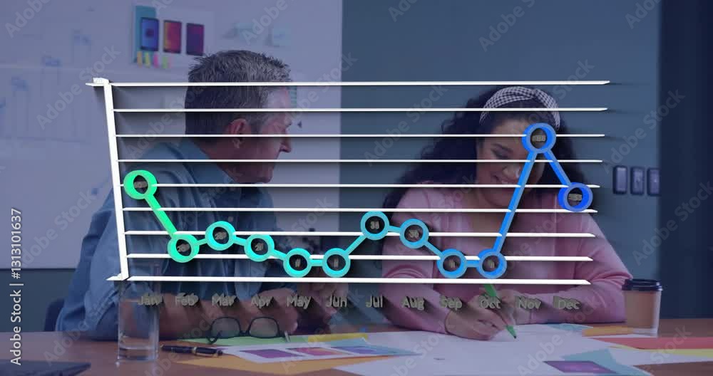 Poster business meeting with graph animation showing data trends over two colleagues