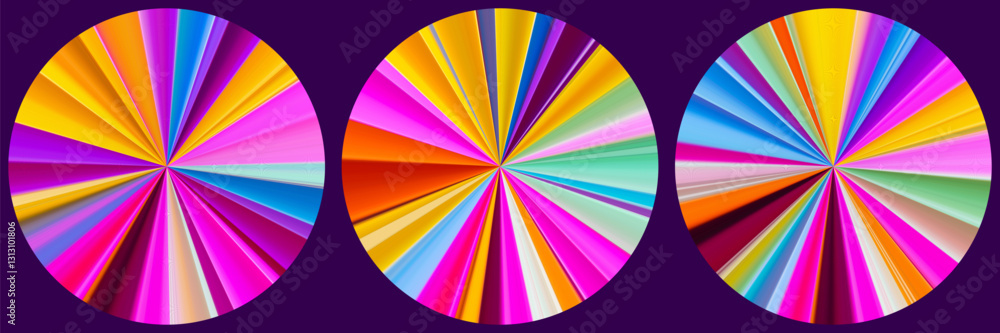 Poster vibrant circular lively explosions set of colors forming geometric radial patterns with unique polar