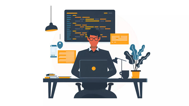 Experience developeer using laptop focusing on coding program,flat vector illustration,work from home concept.