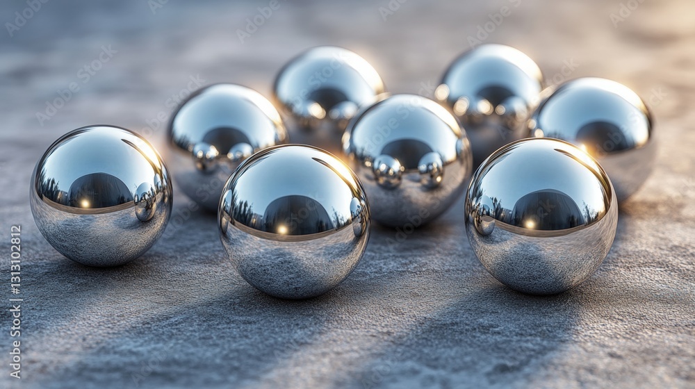 Poster group of shiny metallic spheres on a neutral surface creating a contemporary and elegant visual comp
