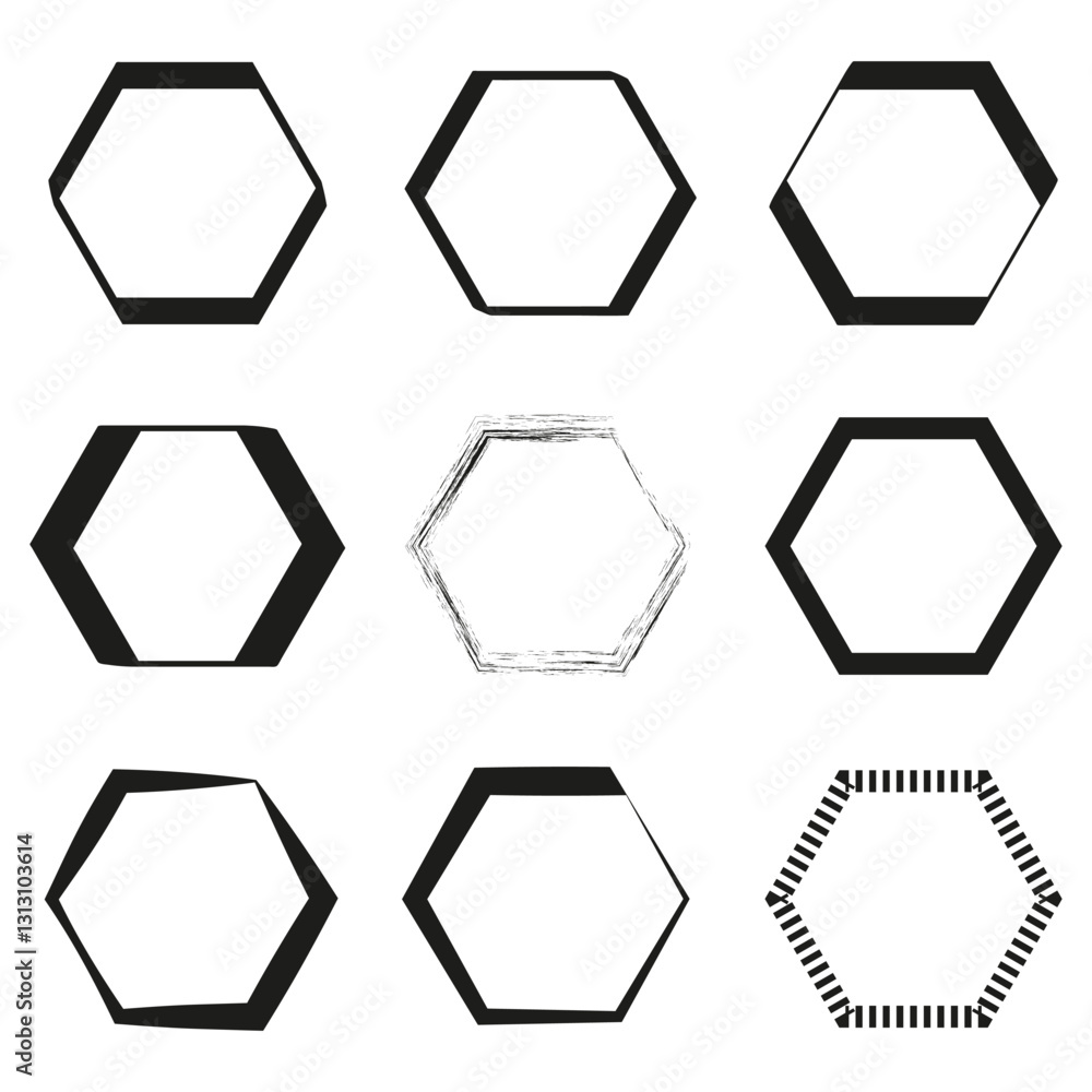 Poster hexagon frame collection. geometric shape set. abstract black outline. bold vector element.