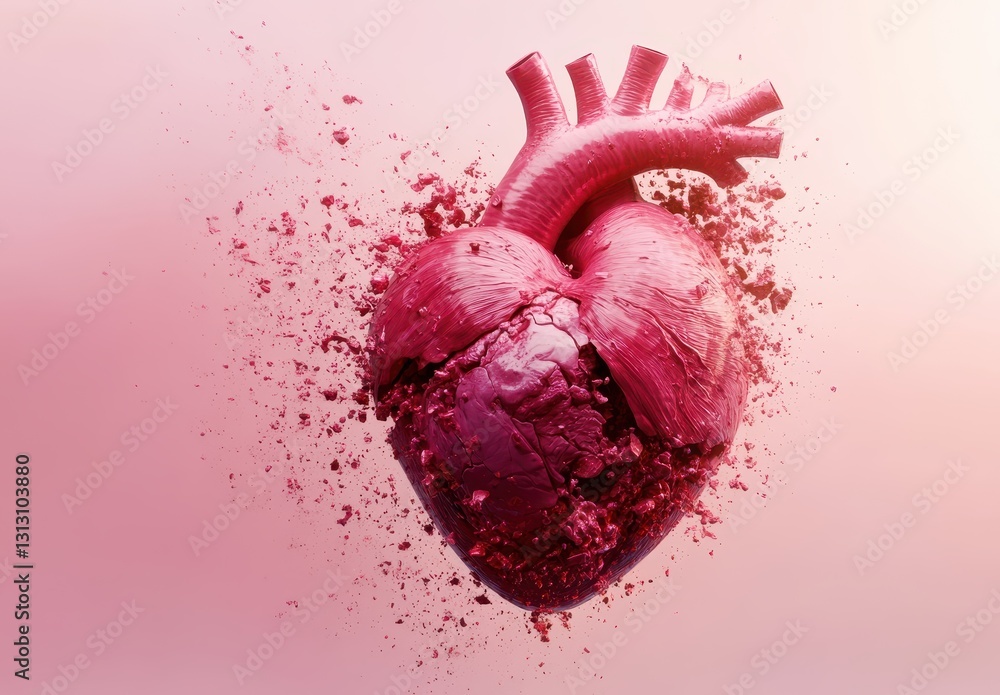 Aufkleber vibrant 3d render of a human heart exploding with colorful particles against a soft pink background