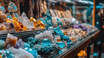 Fototapeta premium Luxury jewelry shop featuring gemstones under warm lighting in elegant display cases.