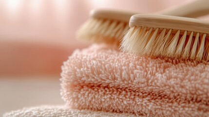 Soft pink towels stacked with wooden toothbrushes on top. The image highlights hygiene, wellness, and self-care, ideal for beauty, spa, and healthcare brands.