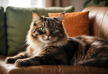 Maine Coon Cat with Green Eyes Sitting on Classic Leather Sofa. Luxury Room