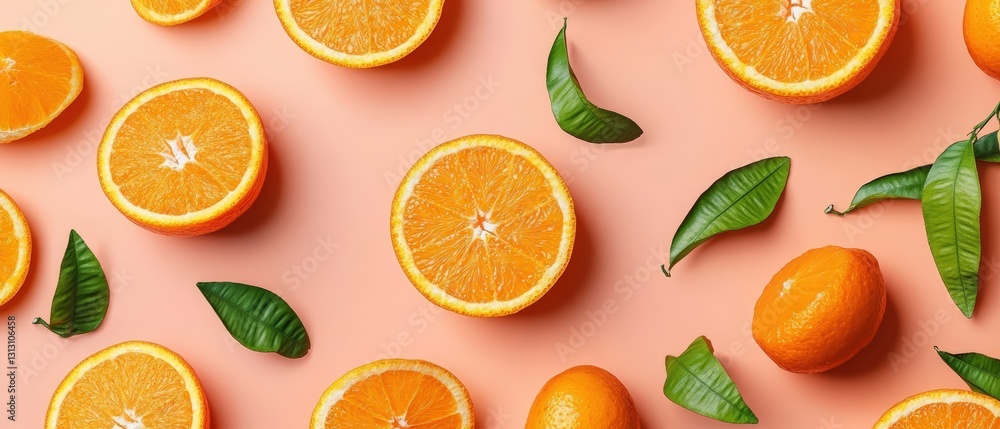 Poster vibrant oranges with leaves artfully arranged on a soft pink background creating a fresh and bright 