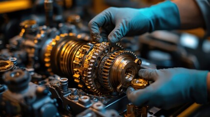 Mechanic in gloves assembling car transmission components, professional automotive industrial photo style, representing technical expertise and maintenance concept, great for mechanic services banners