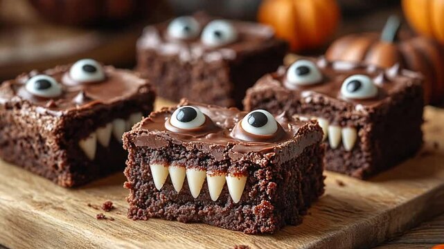 Halloween monster brownies, spooky treats on wooden board, festive dessert, great for party