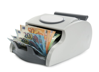 Money counter machine with euro banknotes isolated on white