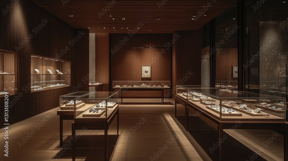 Aufkleber minimalist gemstone store layout with transparent display cases and soft lighting.
