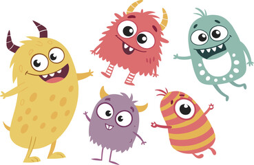 Obraz premium Cute Cartoon Monsters - Colorful Friendly Creatures & Funny Aliens Illustration
