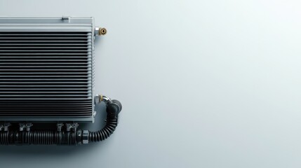 Fototapeta premium A close-up of an automotive cooler with a metal body and pipes, showcasing detailed components. Ideal for automotive repair services, cooling system products, and maintenance equipment for vehicle sys