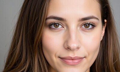 Naklejka premium Portrait of a Young Adult Caucasian Woman with Long Brown Hair and Brown Eyes, Captured in a Close-Up Shot Against a Subtle Gray Background