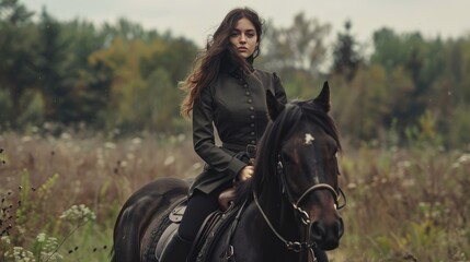 Obraz premium A young woman in a dark coat riding a horse through a lush, green field with trees in the background