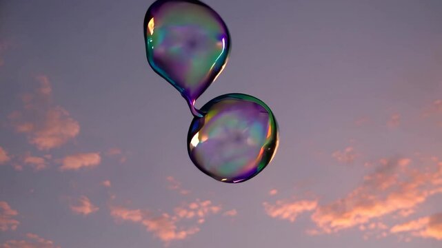 Bubbles are gently drifting in the sky while the sun sets, creating a beautiful contrast against the vibrant colors of the evening clouds.