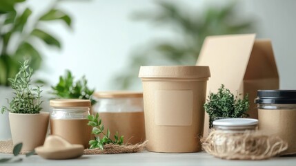 Fototapeta premium Eco-friendly packaging with various containers including glass jars, paper boxes, and plant pots. The earthy tones and natural materials make this image ideal for promoting sustainable products or gre