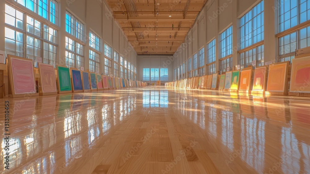 Poster tranquil art gallery with colorful artwork displaying on floor
