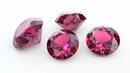 Fototapeta premium Perfectly faceted rubies casting soft reflections on a smooth white background.