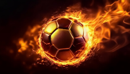 Naklejka premium Gold Soccer Ball on Fire, Fiery Soccer Ball Ignites with Passionate Flames - Dynamic Sports Art