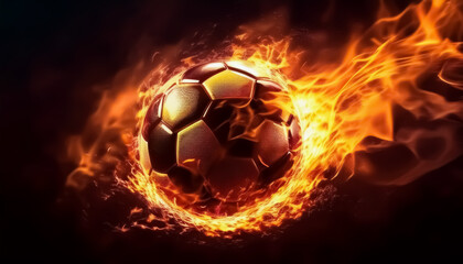 Naklejka premium Gold Soccer Ball on Fire, Fiery Soccer Ball Ignites with Passionate Flames - Dynamic Sports Art