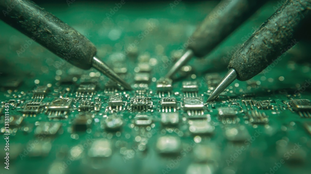 Poster close-up view of circuit board with soldering tools and detail