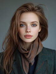 Naklejka premium Young Woman with Blue Eyes and Light Brown Hair in Green Plaid Coat and Earthy Scarf Against Muted Green Background