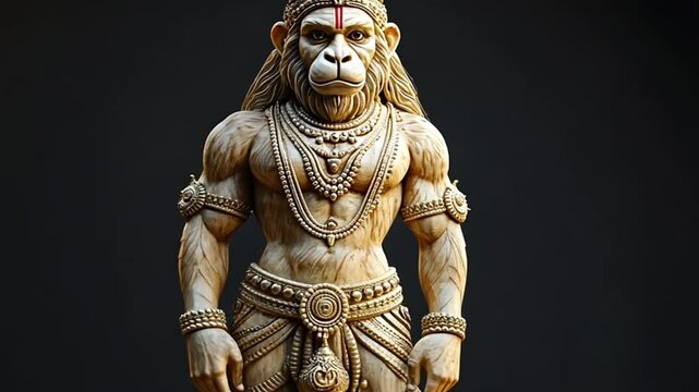 Hindu god Hanuman statue, ornate detail, dark background, religious art, possible use for devotional purposes