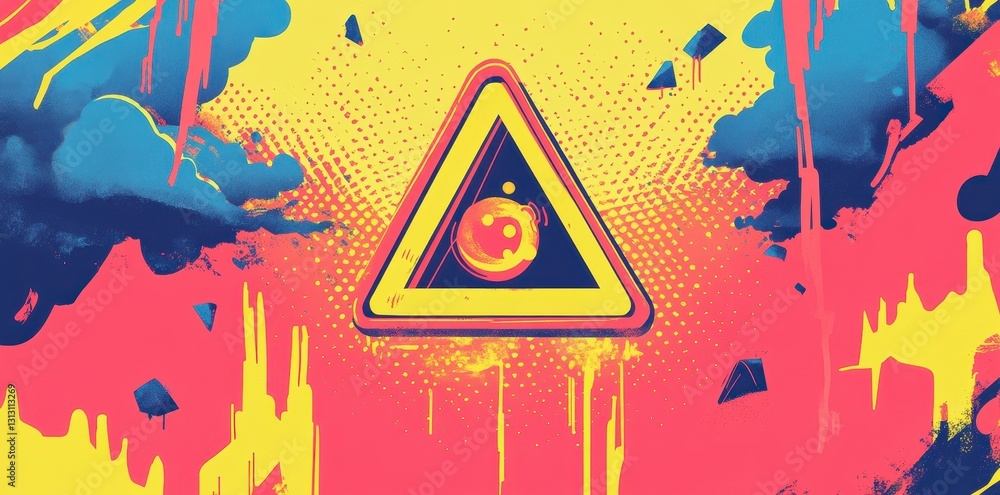 Poster a colorful abstract artwork featuring a warning symbol prominently displayed
