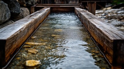 Fototapeta premium Rustic wooden mining sluice with water flowing over gravel, revealing hidden gemstones.