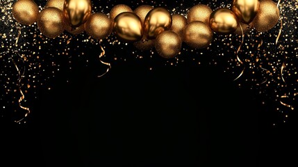 Black and gold balloon with gold confetti isolated black background