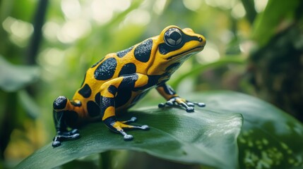 Fototapeta premium Vibrant yellow and black poison dart frog perched on a lush green leaf.